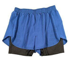 Gesean Mens Large 2 in 1 Athletic Biker Shorts Blue Black Pull On Elastic Pocket